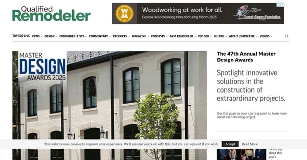 Qualified Remodeler magazine homepage highlighting the 47th Annual Master Design Awards 2025, featuring innovative home remodeling and design projects.