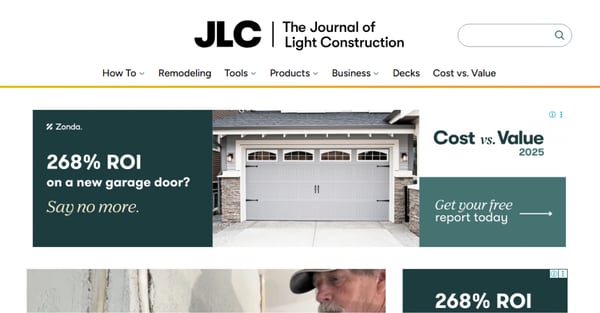The Journal of Light Construction (JLC) website showcasing the 2025 Cost vs. Value Report on new garage door installations.