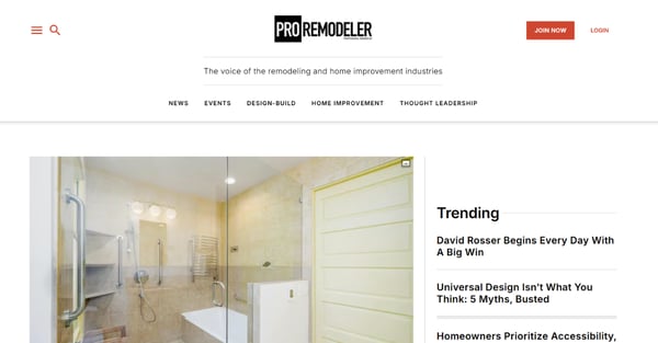 Pro Remodeler magazine homepage featuring remodeling industry news, design-build insights, and trending home improvement articles.