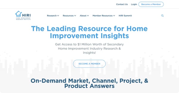 Home Improvement Research Institute (HIRI) website homepage promoting industry data, market insights, and research resources for home improvement professionals.